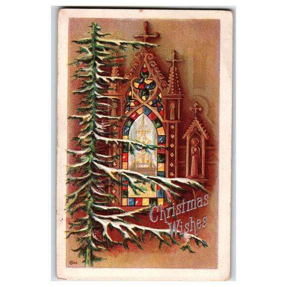 Christmas Postcards Other - Vintage Embossed Christmas Postcard Stained Glass Church Window